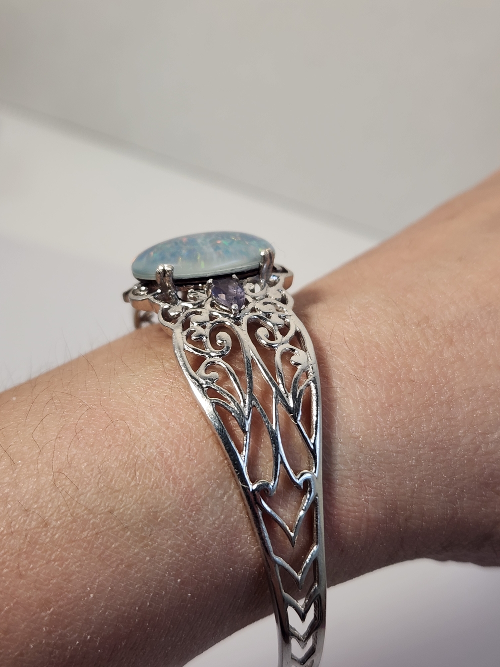 VTG Large Natural Opal & Amethyst 925 Filigree Cuff Btacelet - Picture 14 of 16